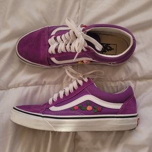 Vans Old Skool in Bright Purple with embroidered flowers on each side.
